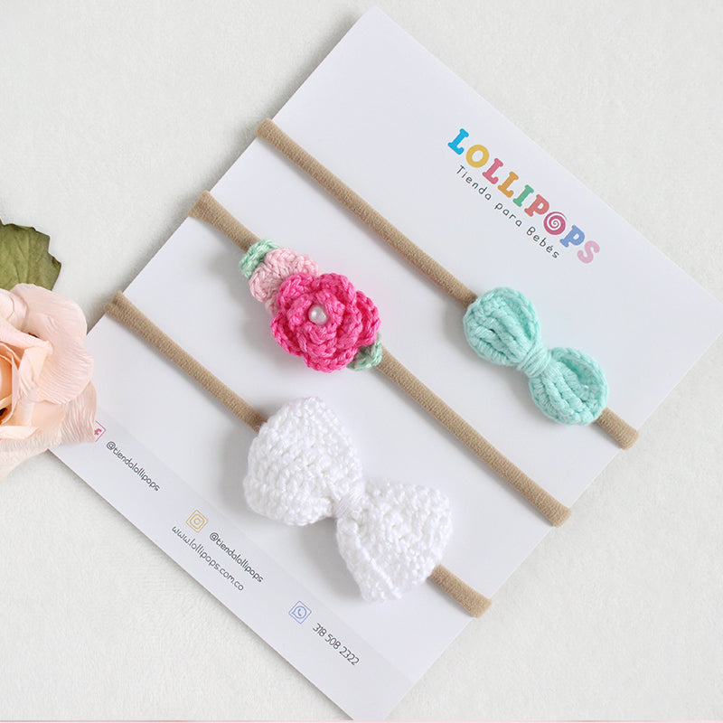 Set Lazo, Corbatín & Jardín - Blanco, Menta & Rosa chicle