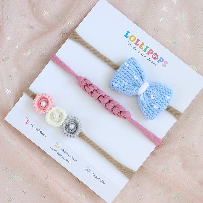 Set Caracoles, Trenzado & Corbatín - Celeste, Rosa & Crudo