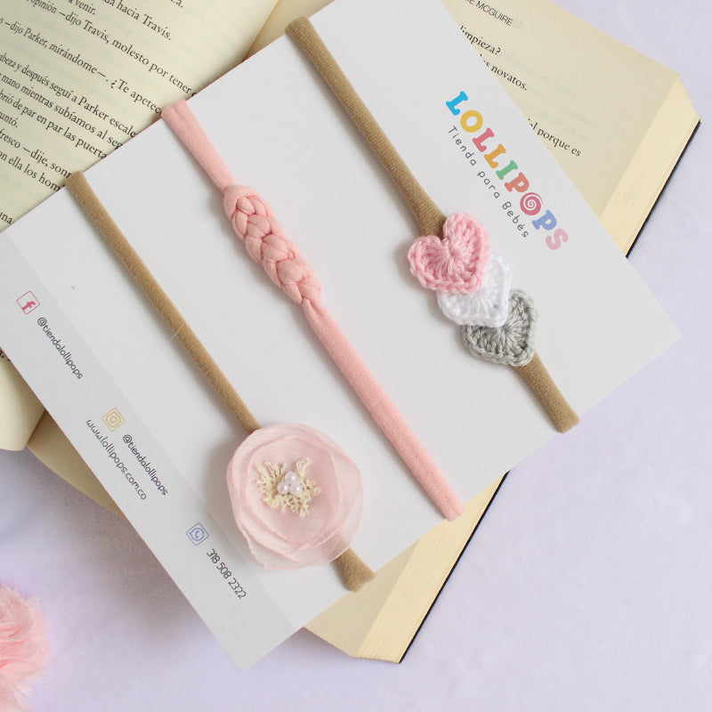 Set Corazones, Rosa & trenzado - Rosa & blanco