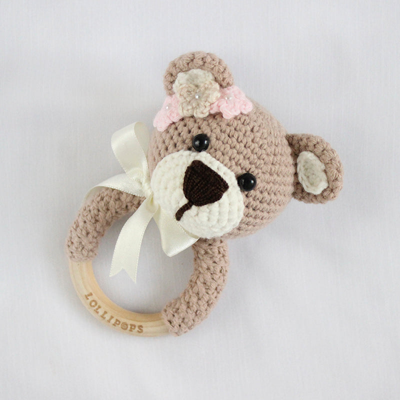 Sonajero Oso Con Flores Nuez, Crudo & Rosa