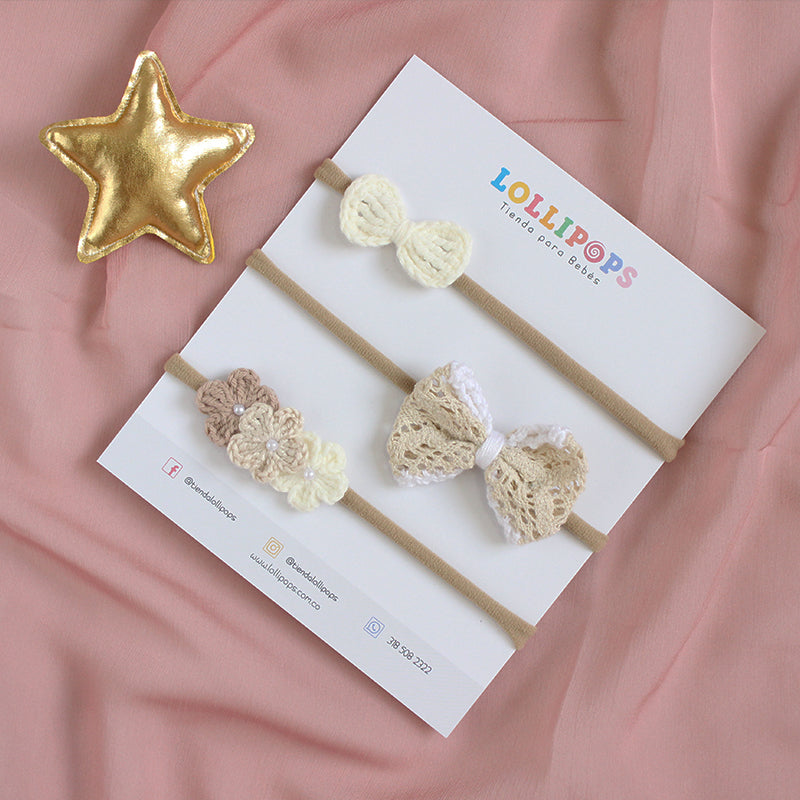 Set Lazo, Corbatín & Flores - Crudo & Beige