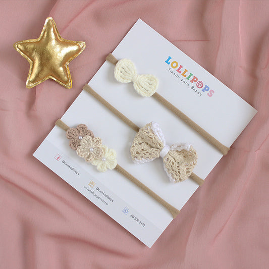 Set Lazo, Corbatín & Flores - Crudo & Beige