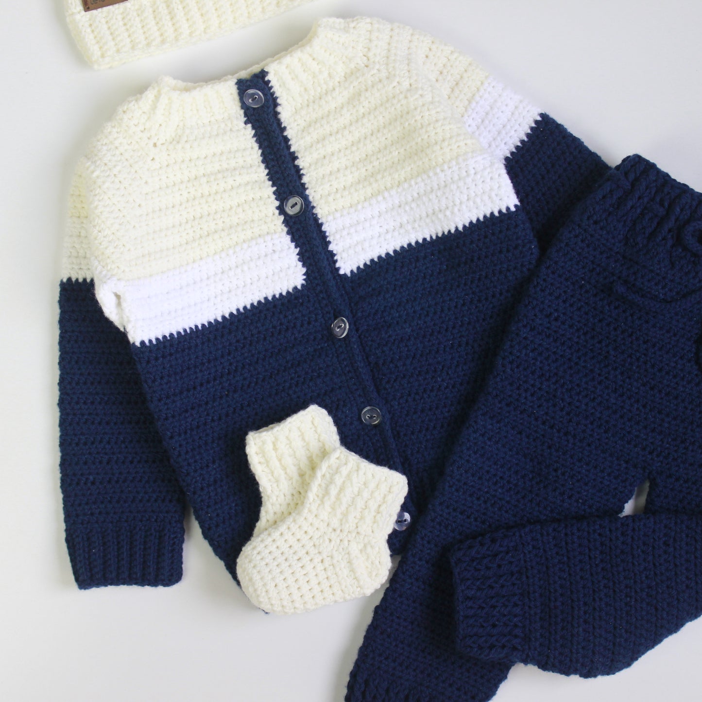 Primer día tejido Noah Crudo, Blanco y Azul marino